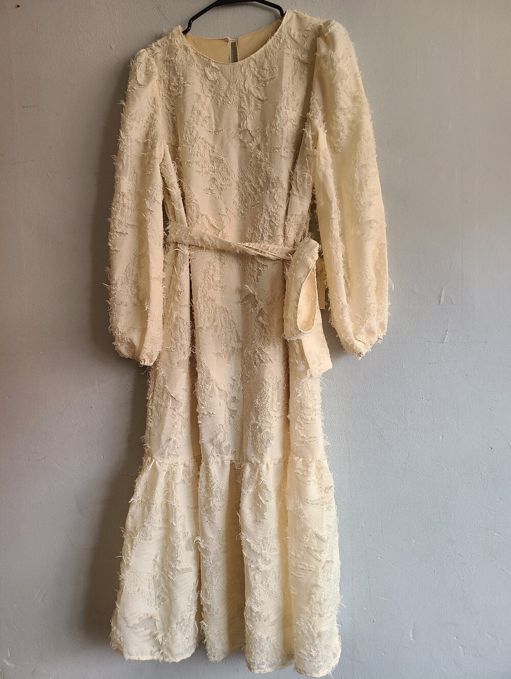 Women's medium beige fuzzy print high neck long sleeve dress w/belt boho peasant